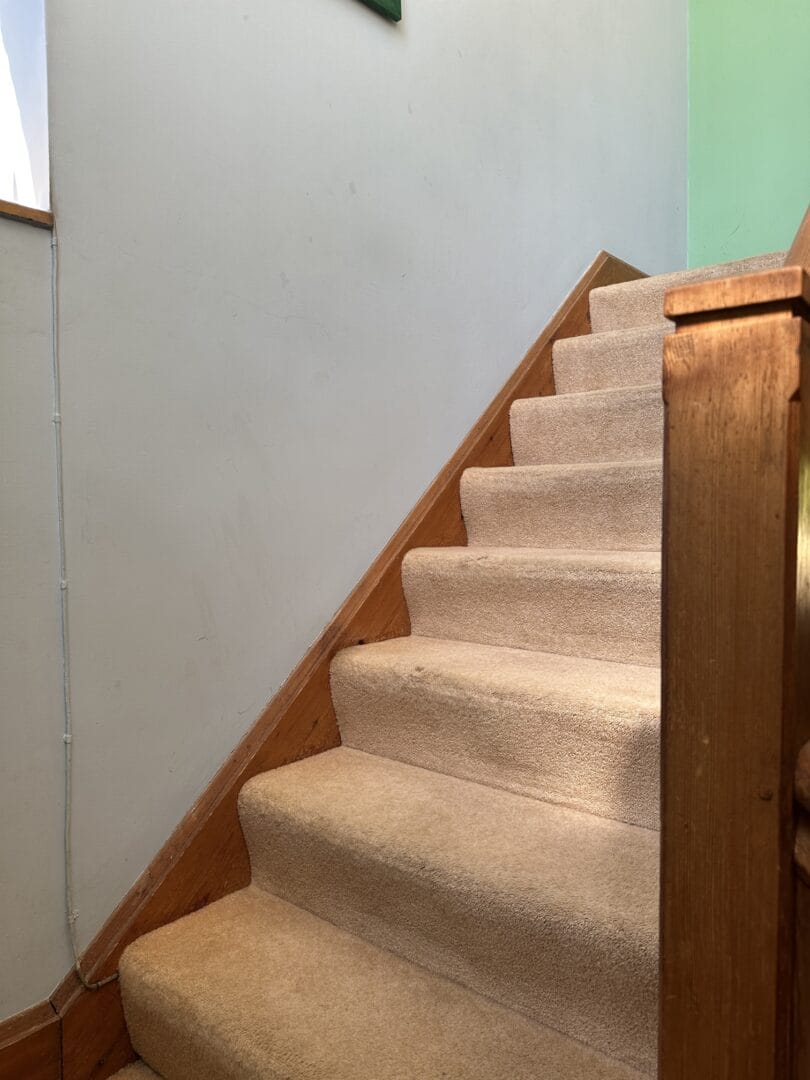 Clean stair carpet after professional cat hair removal in Haverhill, viewed looking up the staircase